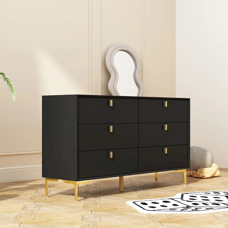 Commode 6 tiroirs en bois doré moderne pour chambre à coucher avec rangement