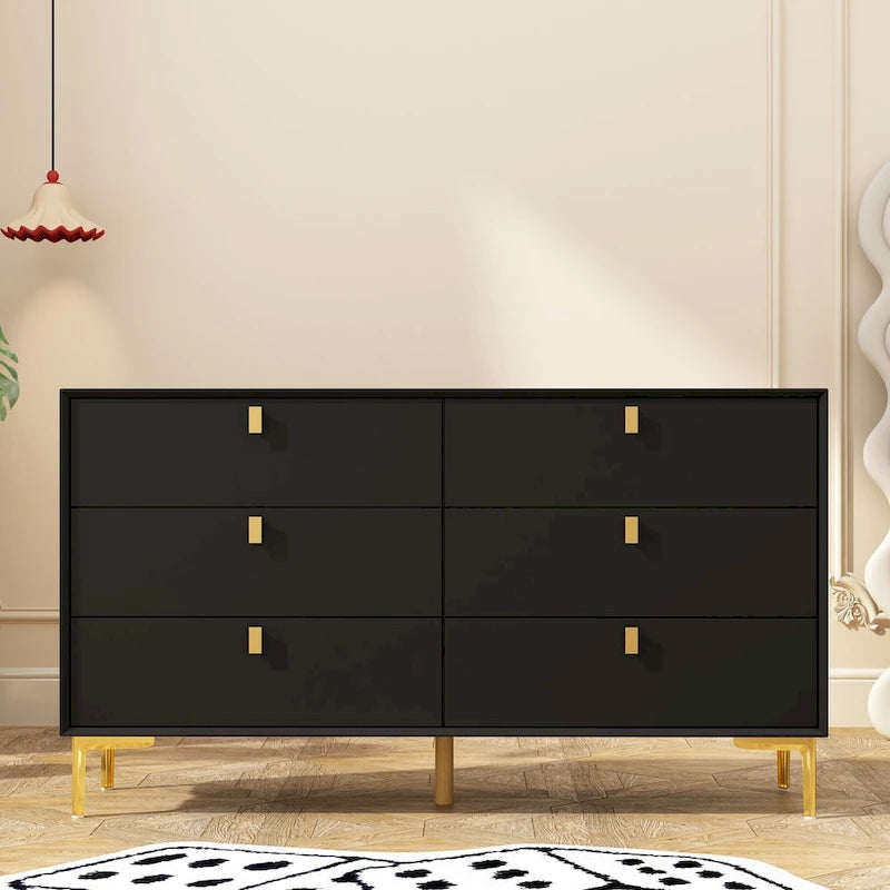 Commode 6 tiroirs en bois doré moderne pour chambre à coucher avec rangement