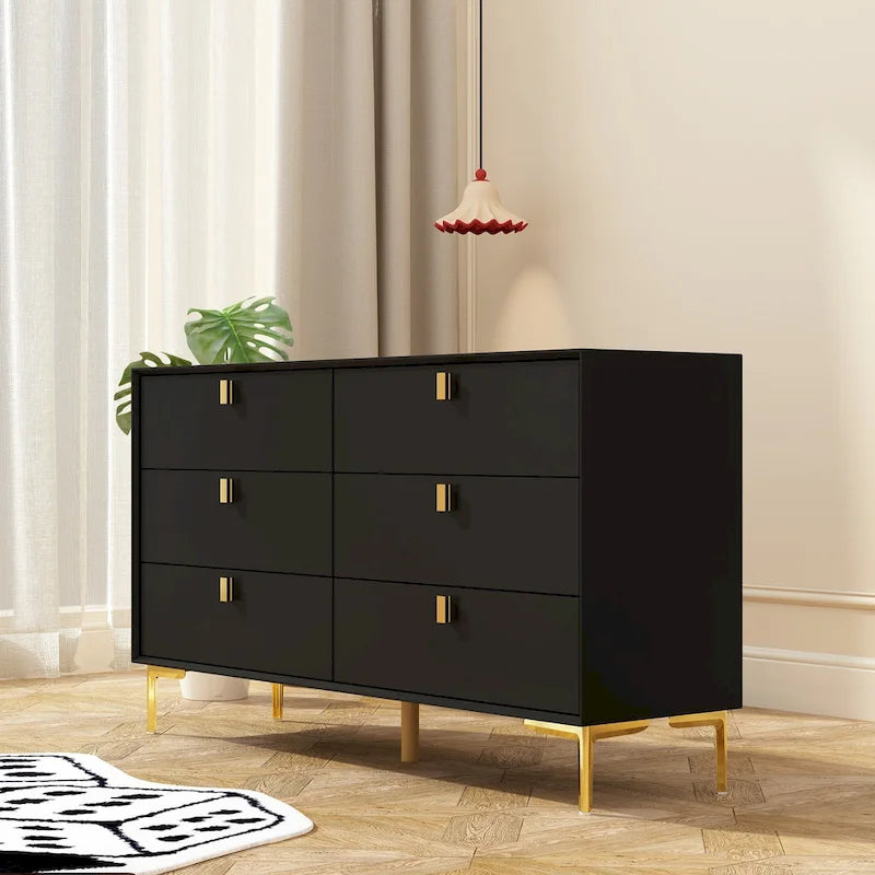 Commode 6 tiroirs en bois doré moderne pour chambre à coucher avec rangement
