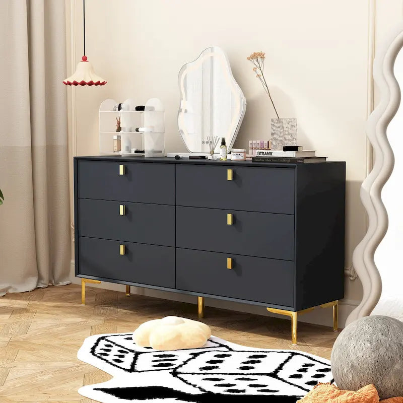 Commode 6 tiroirs en bois doré moderne pour chambre à coucher avec rangement