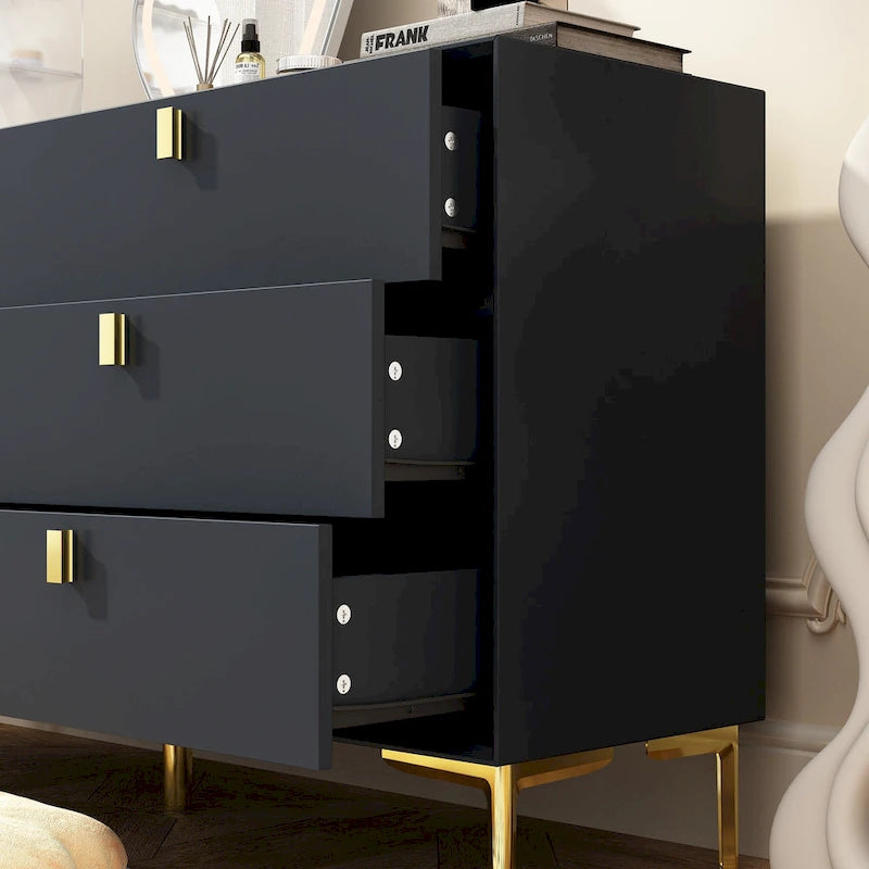 Commode 6 tiroirs en bois doré moderne pour chambre à coucher avec rangement