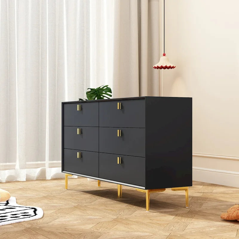 Commode 6 tiroirs en bois doré moderne pour chambre à coucher avec rangement
