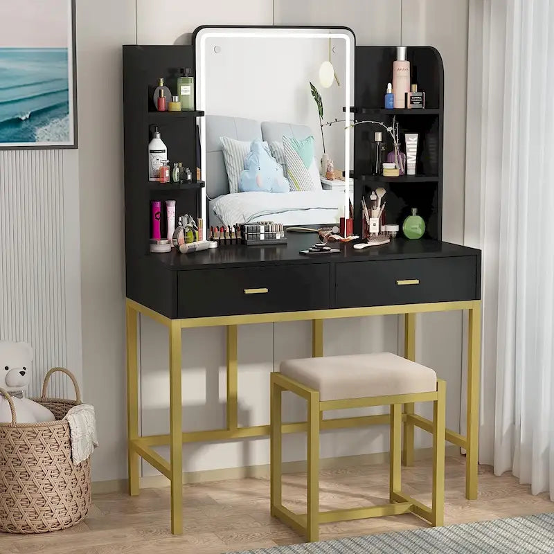 Coiffeuse avec éclairage LED, étagères de rangement, tabouret rembourré et 2 tiroirs