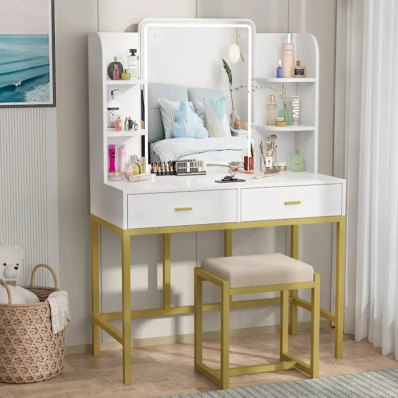 Coiffeuse avec éclairage LED, étagères de rangement, tabouret rembourré et 2 tiroirs