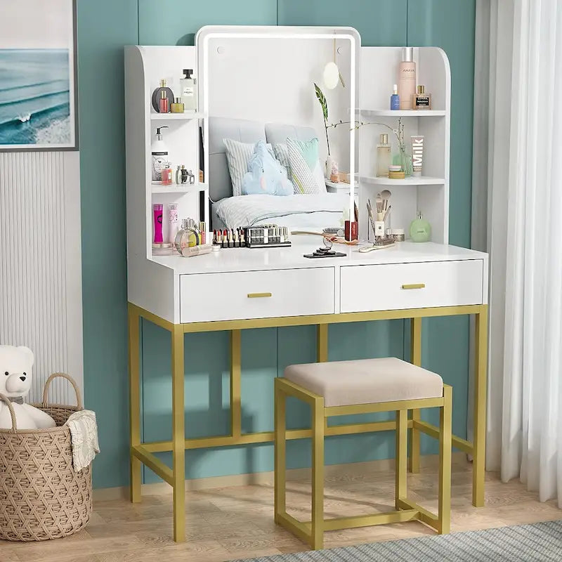 Coiffeuse avec éclairage LED, étagères de rangement, tabouret rembourré et 2 tiroirs