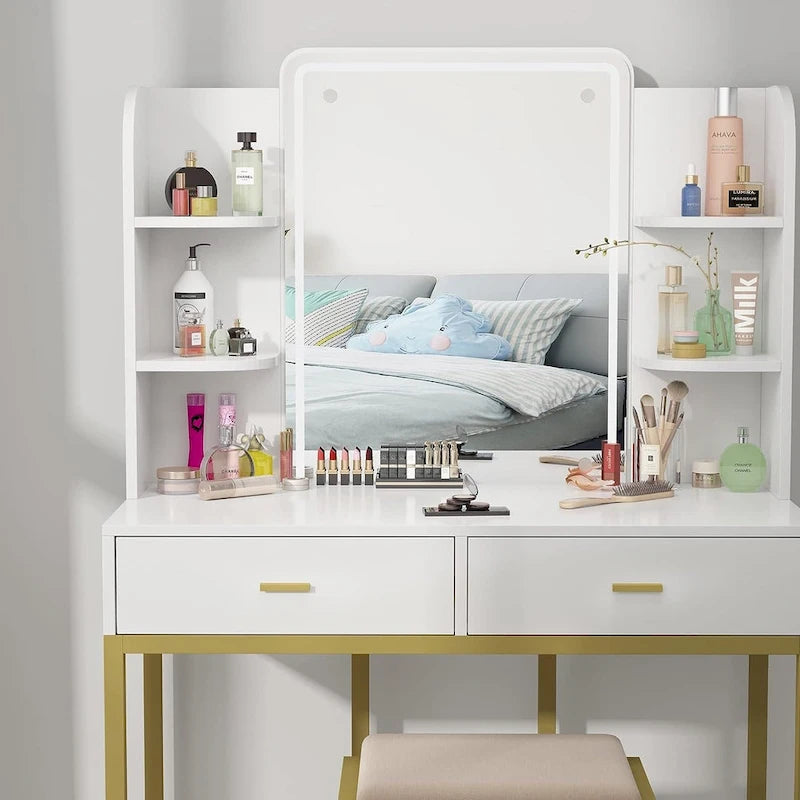 Coiffeuse avec éclairage LED, étagères de rangement, tabouret rembourré et 2 tiroirs