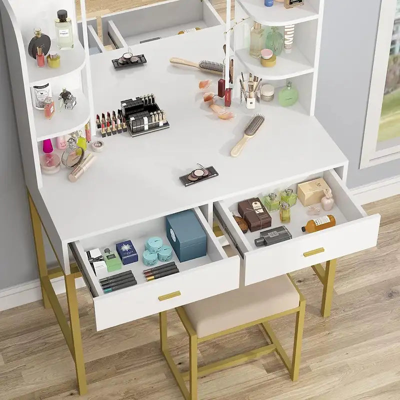 Coiffeuse avec éclairage LED, étagères de rangement, tabouret rembourré et 2 tiroirs