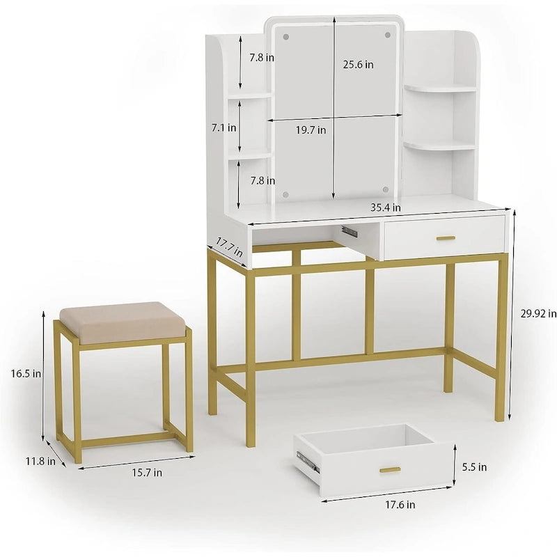 Coiffeuse avec éclairage LED, étagères de rangement, tabouret rembourré et 2 tiroirs