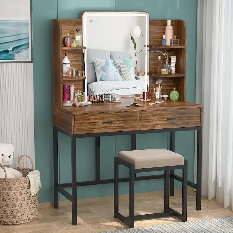 Coiffeuse avec éclairage LED, étagères de rangement, tabouret rembourré et 2 tiroirs