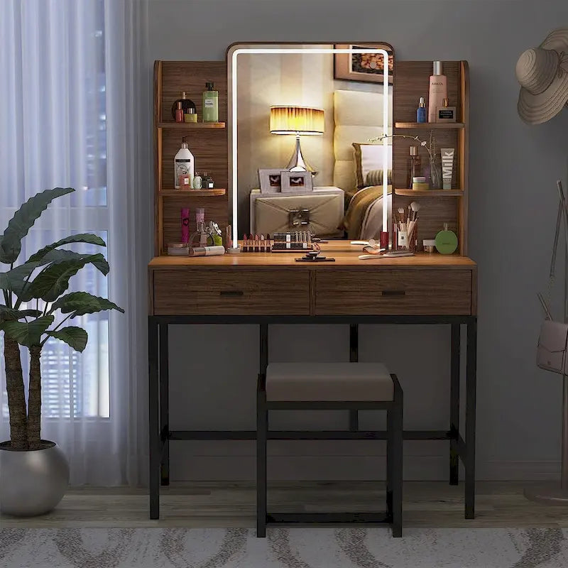 Coiffeuse avec éclairage LED, étagères de rangement, tabouret rembourré et 2 tiroirs