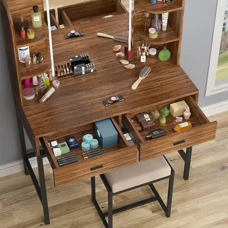 Coiffeuse avec éclairage LED, étagères de rangement, tabouret rembourré et 2 tiroirs