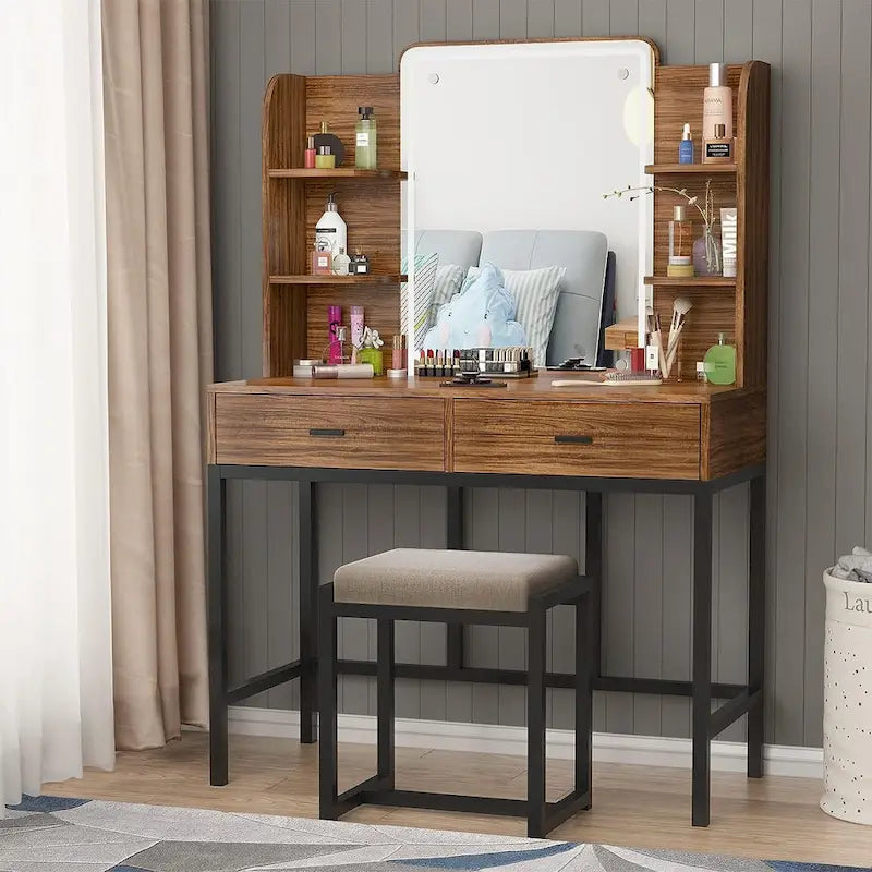 Coiffeuse avec éclairage LED, étagères de rangement, tabouret rembourré et 2 tiroirs