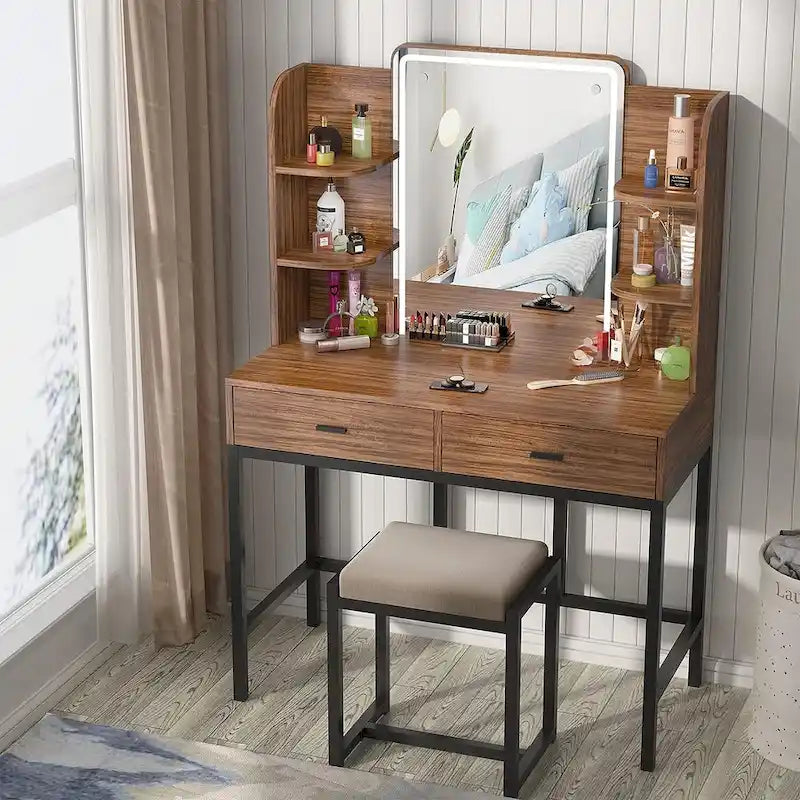 Coiffeuse avec éclairage LED, étagères de rangement, tabouret rembourré et 2 tiroirs