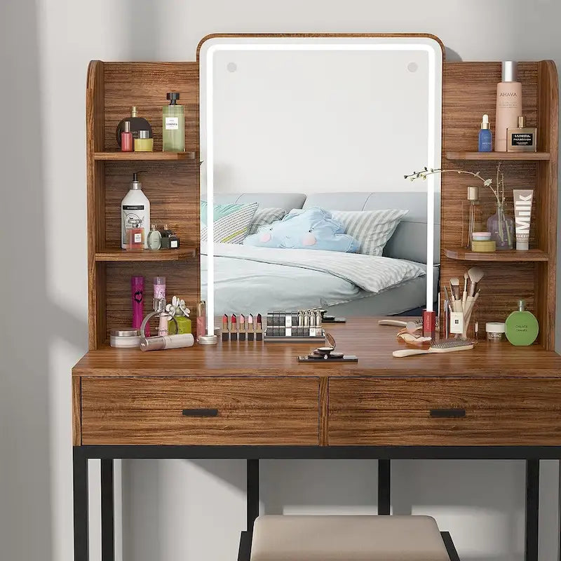 Coiffeuse avec éclairage LED, étagères de rangement, tabouret rembourré et 2 tiroirs
