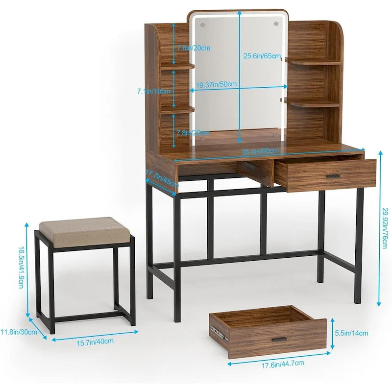 Coiffeuse avec éclairage LED, étagères de rangement, tabouret rembourré et 2 tiroirs