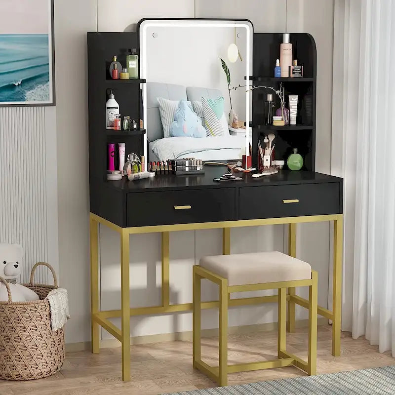 Coiffeuse avec éclairage LED, étagères de rangement, tabouret rembourré et 2 tiroirs