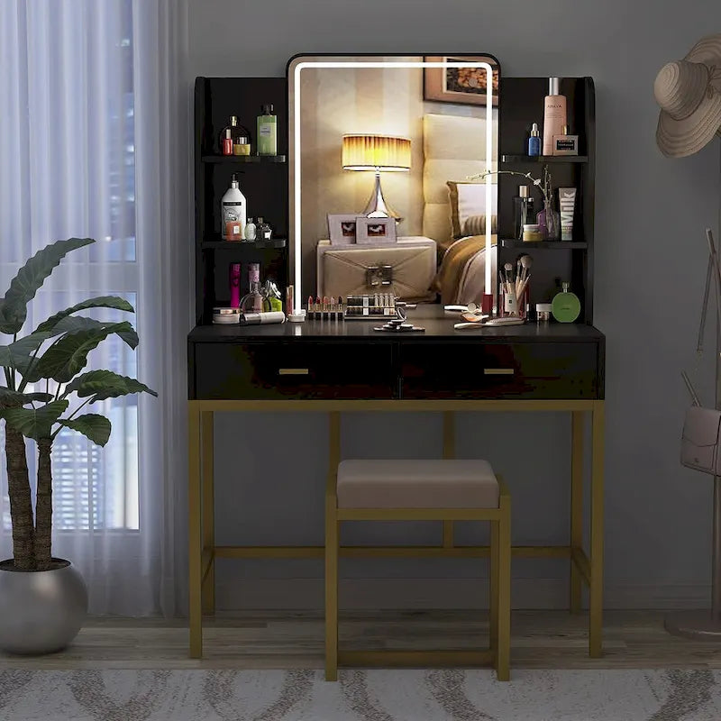 Coiffeuse avec éclairage LED, étagères de rangement, tabouret rembourré et 2 tiroirs