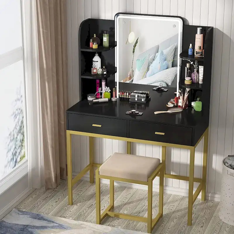 Coiffeuse avec éclairage LED, étagères de rangement, tabouret rembourré et 2 tiroirs