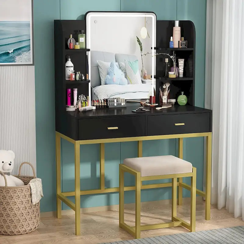 Coiffeuse avec éclairage LED, étagères de rangement, tabouret rembourré et 2 tiroirs