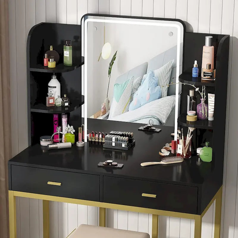 Coiffeuse avec éclairage LED, étagères de rangement, tabouret rembourré et 2 tiroirs