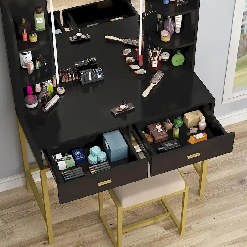Coiffeuse avec éclairage LED, étagères de rangement, tabouret rembourré et 2 tiroirs
