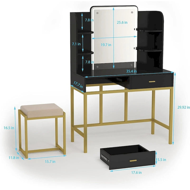 Coiffeuse avec éclairage LED, étagères de rangement, tabouret rembourré et 2 tiroirs