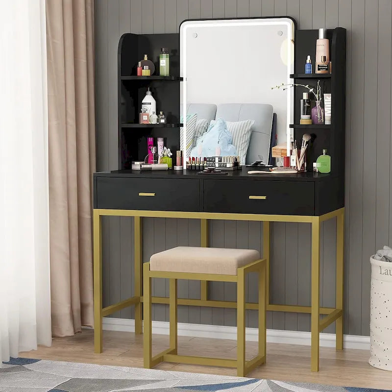 Coiffeuse avec éclairage LED, étagères de rangement, tabouret rembourré et 2 tiroirs