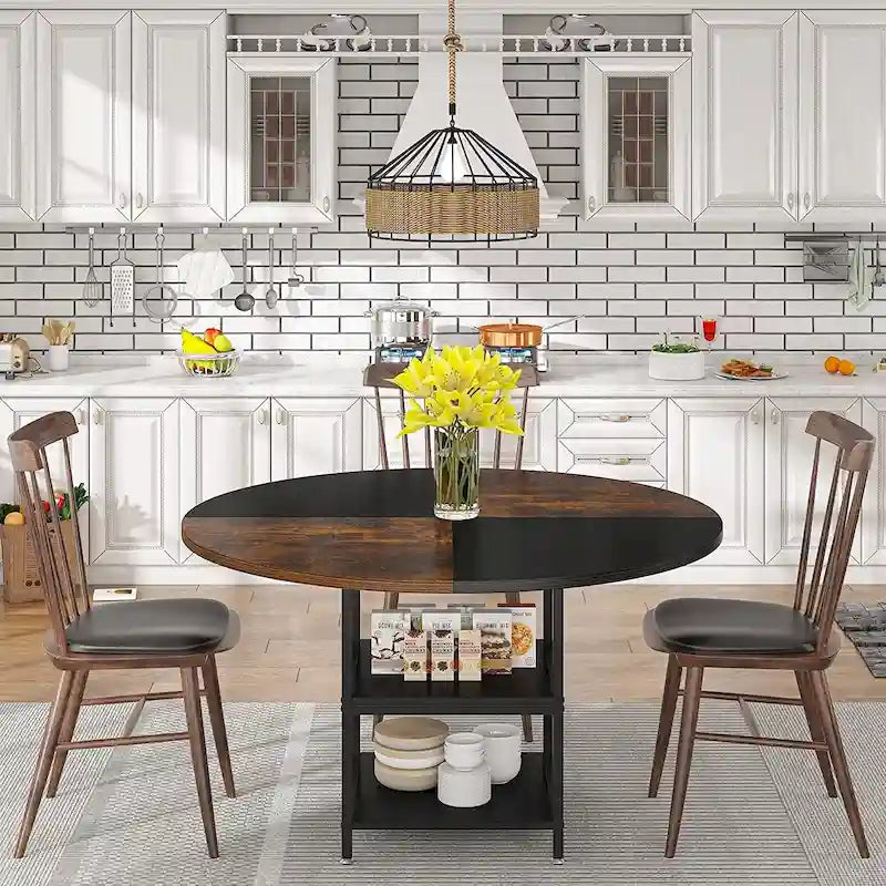 Table de salle à manger ronde pour 4 personnes, table de cuisine de 120 cm avec étagère de rangement