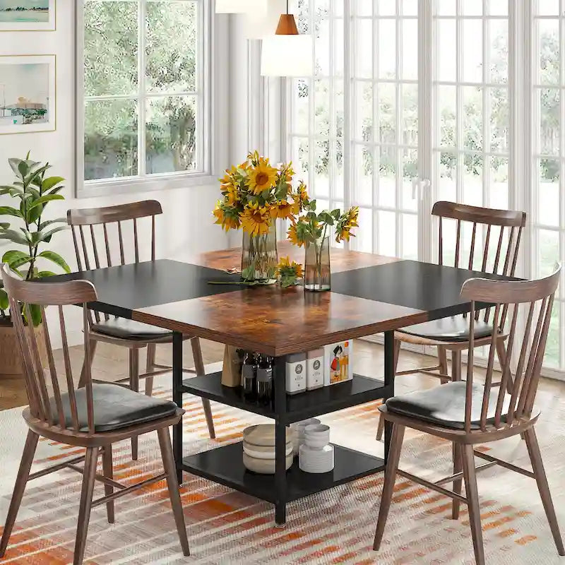 Table de salle à manger ronde pour 4 personnes, table de cuisine de 120 cm avec étagère de rangement