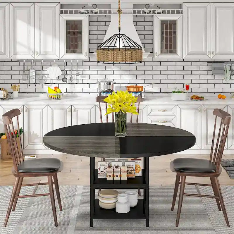 Table de salle à manger ronde pour 4 personnes, table de cuisine de 120 cm avec étagère de rangement
