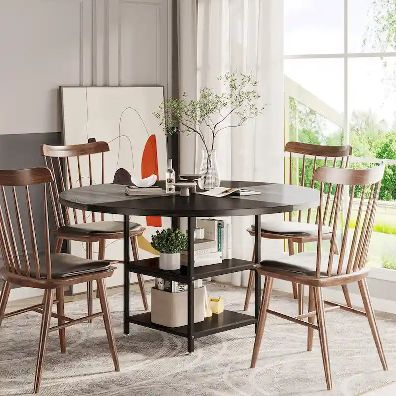Table de salle à manger ronde pour 4 personnes, table de cuisine de 120 cm avec étagère de rangement