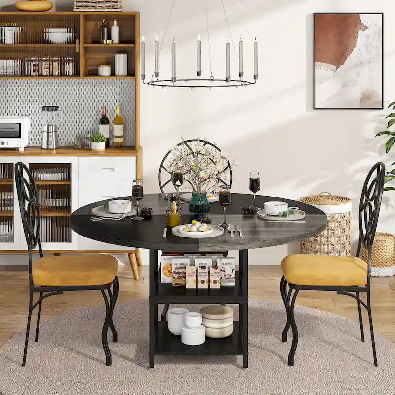 Table de salle à manger ronde pour 4 personnes, table de cuisine de 120 cm avec étagère de rangement