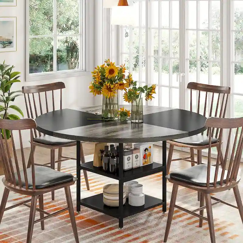 Table de salle à manger ronde pour 4 personnes, table de cuisine de 120 cm avec étagère de rangement