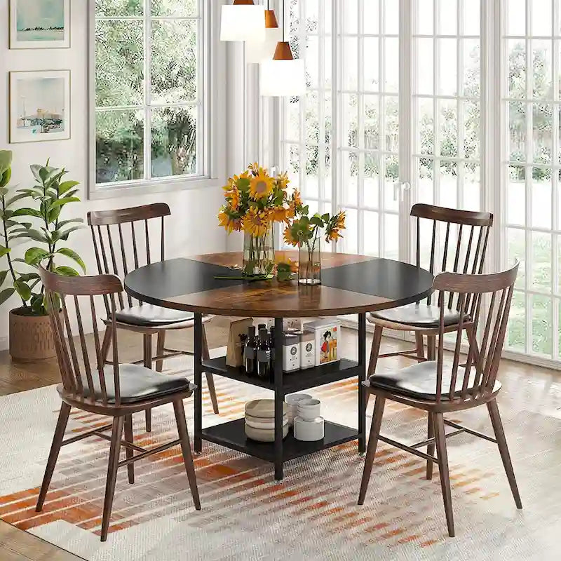 Table de salle à manger ronde pour 4 personnes, table de cuisine de 120 cm avec étagère de rangement