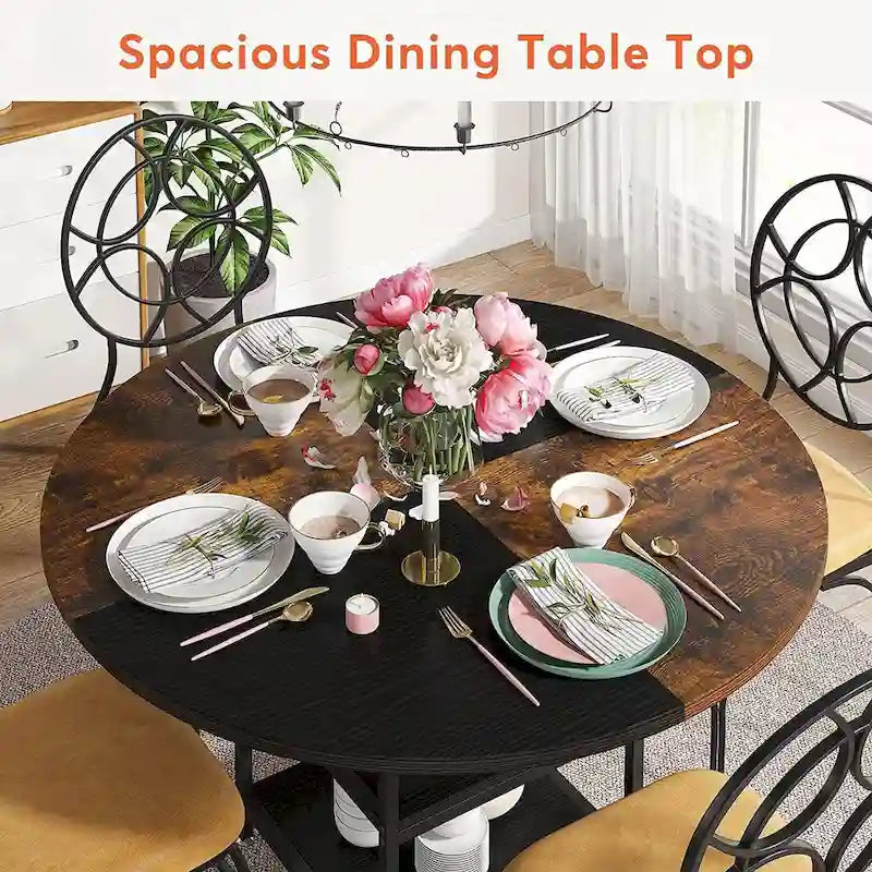 Table de salle à manger ronde pour 4 personnes, table de cuisine de 120 cm avec étagère de rangement