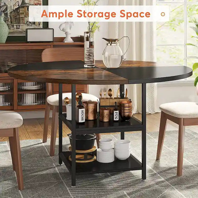 Table de salle à manger ronde pour 4 personnes, table de cuisine de 120 cm avec étagère de rangement