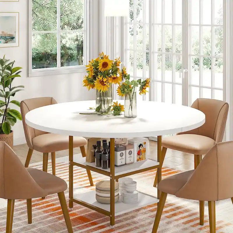 Table de salle à manger ronde pour 4 personnes, table de cuisine de 120 cm avec étagère de rangement