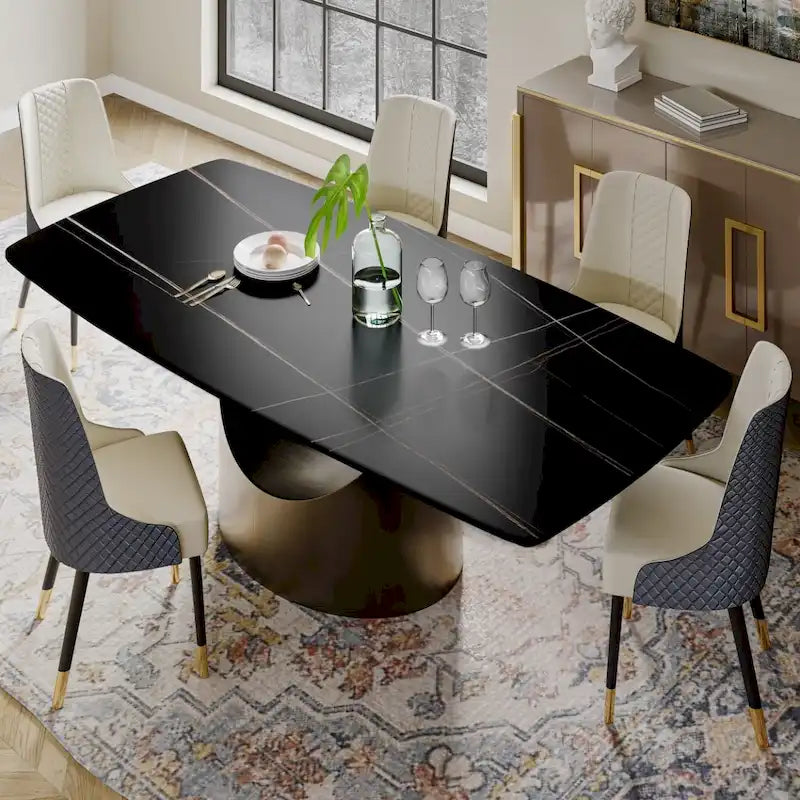 Table de salle à manger moderne Hobart 63-94 avec plateau rectangulaire en pierre frittée et pieds en acier au carbone pour 4 à 10 personnes