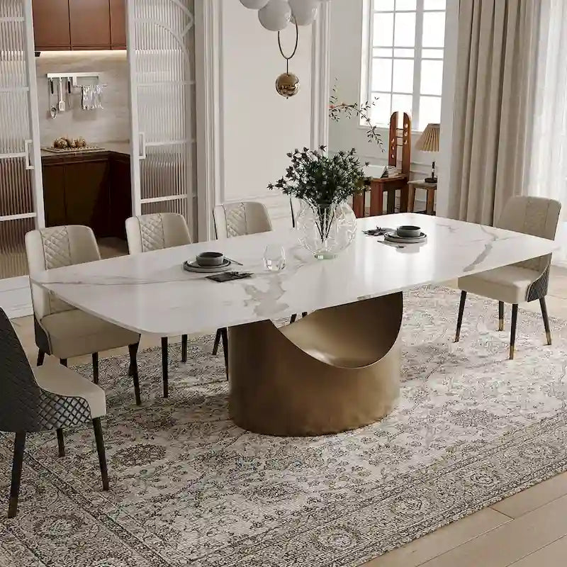 Table de salle à manger moderne Hobart 63-94 avec plateau rectangulaire en pierre frittée et pieds en acier au carbone pour 4 à 10 personnes