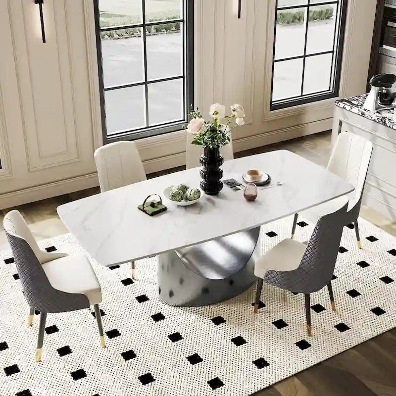 Table de salle à manger moderne Hobart 63-94 avec plateau rectangulaire en pierre frittée et pieds en acier au carbone pour 4 à 10 personnes