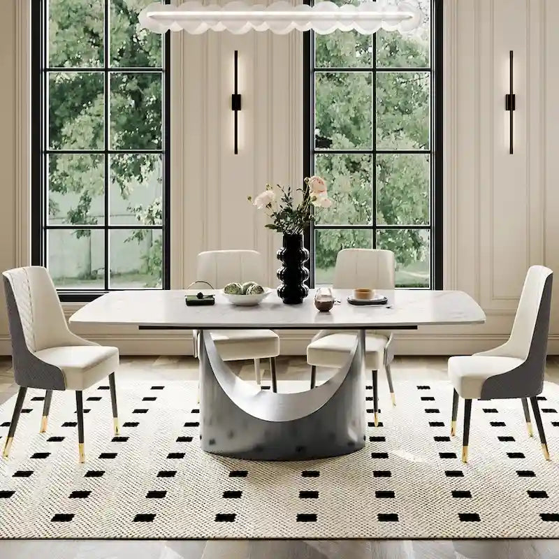 Table de salle à manger moderne Hobart 63-94 avec plateau rectangulaire en pierre frittée et pieds en acier au carbone pour 4 à 10 personnes