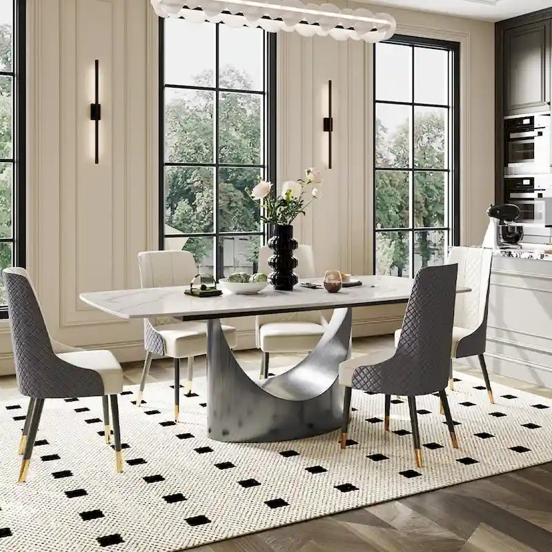 Table de salle à manger moderne Hobart 63-94 avec plateau rectangulaire en pierre frittée et pieds en acier au carbone pour 4 à 10 personnes