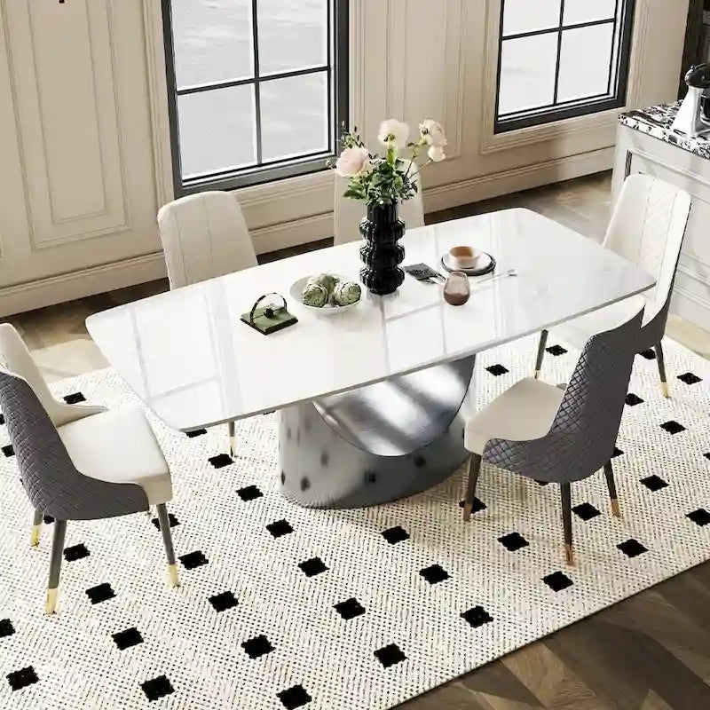 Table de salle à manger moderne Hobart 63-94 avec plateau rectangulaire en pierre frittée et pieds en acier au carbone pour 4 à 10 personnes