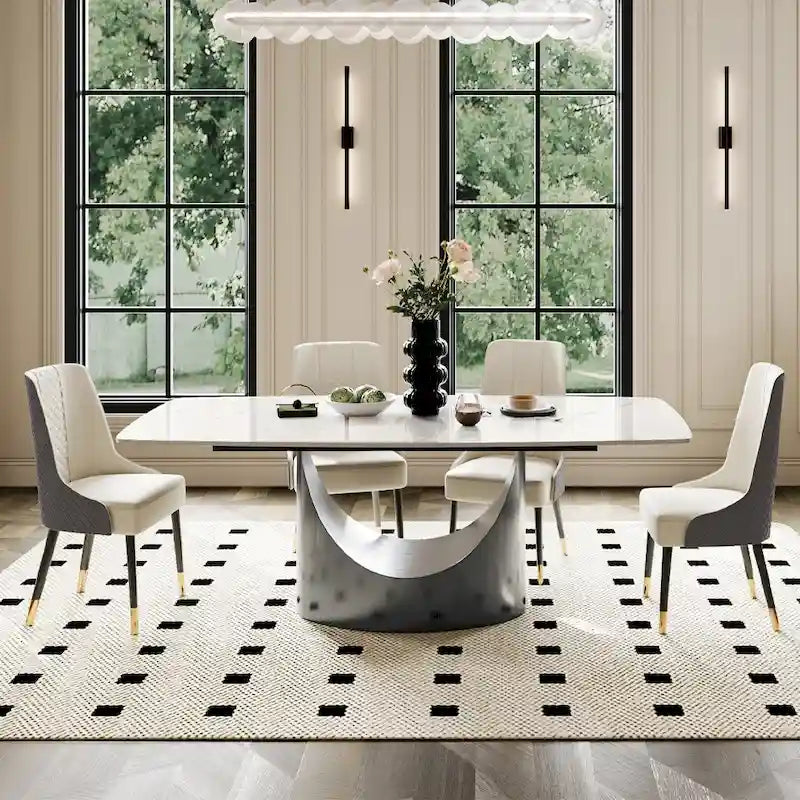 Table de salle à manger moderne Hobart 63-94 avec plateau rectangulaire en pierre frittée et pieds en acier au carbone pour 4 à 10 personnes
