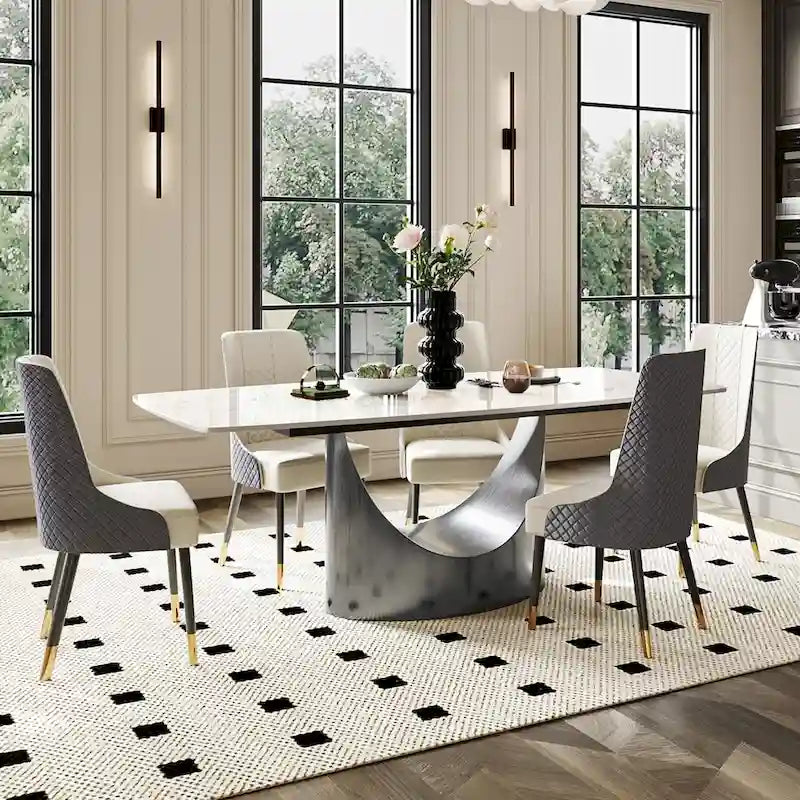 Table de salle à manger moderne Hobart 63-94 avec plateau rectangulaire en pierre frittée et pieds en acier au carbone pour 4 à 10 personnes
