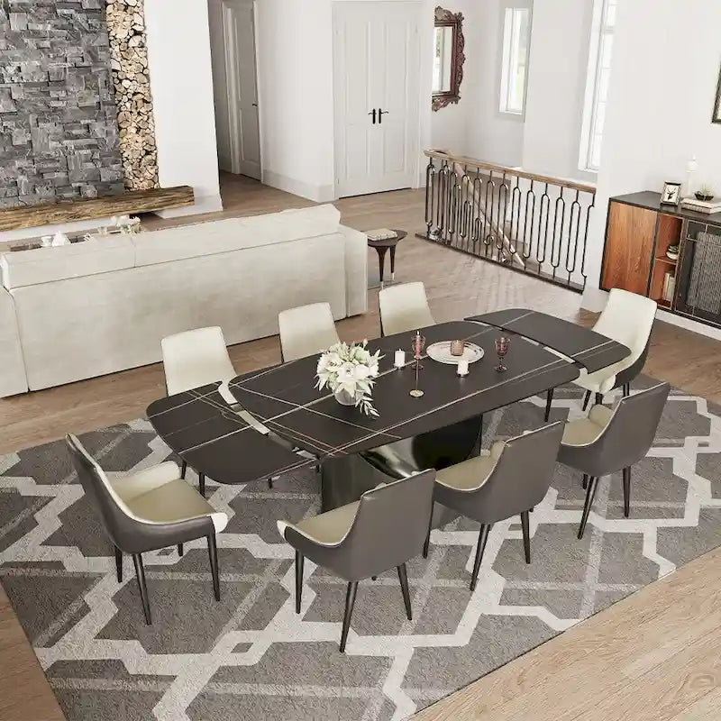 Table de salle à manger moderne Hobart 63-94 avec plateau rectangulaire en pierre frittée et pieds en acier au carbone pour 4 à 10 personnes
