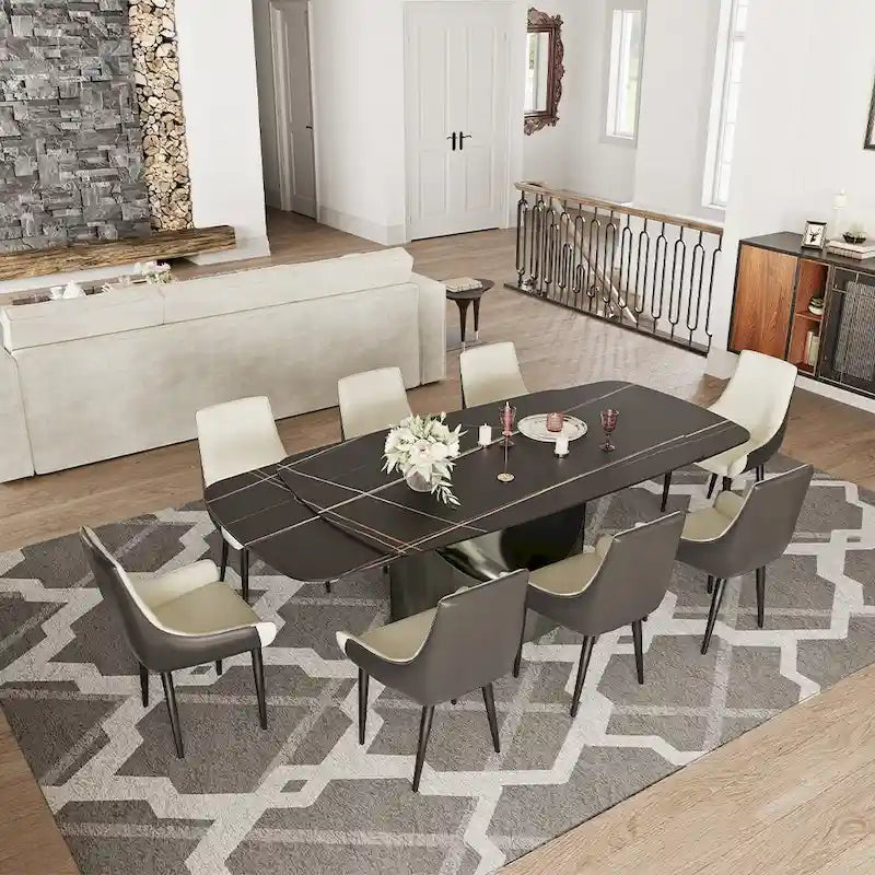 Table de salle à manger moderne Hobart 63-94 avec plateau rectangulaire en pierre frittée et pieds en acier au carbone pour 4 à 10 personnes