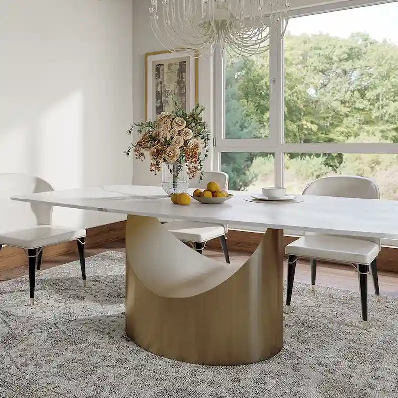 Table de salle à manger moderne Hobart 63-94 avec plateau rectangulaire en pierre frittée et pieds en acier au carbone pour 4 à 10 personnes