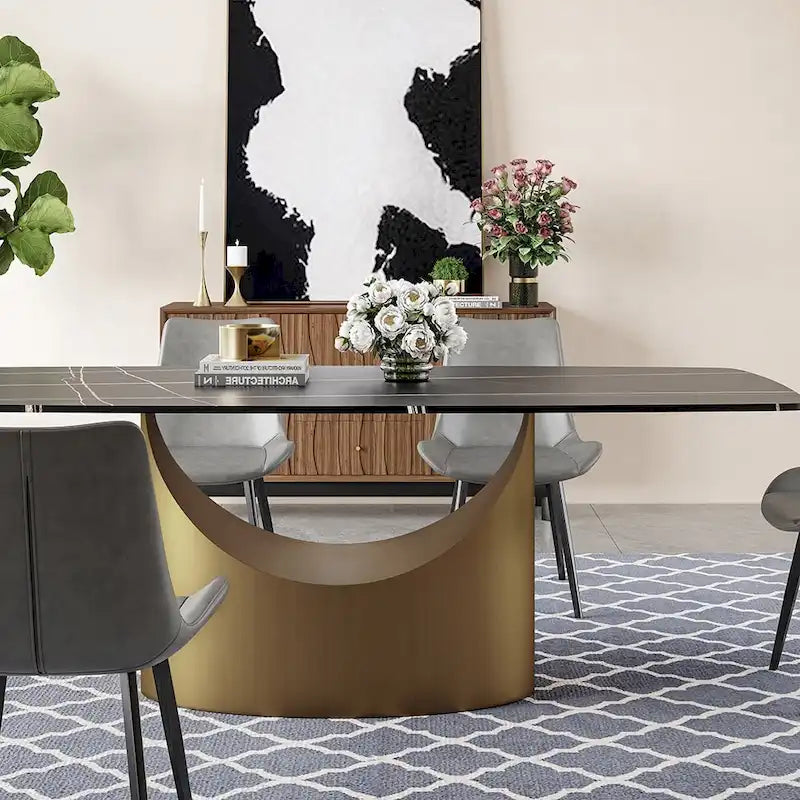 Table de salle à manger moderne Hobart 63-94 avec plateau rectangulaire en pierre frittée et pieds en acier au carbone pour 4 à 10 personnes