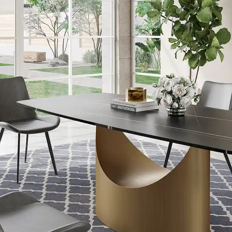 Table de salle à manger moderne Hobart 63-94 avec plateau rectangulaire en pierre frittée et pieds en acier au carbone pour 4 à 10 personnes
